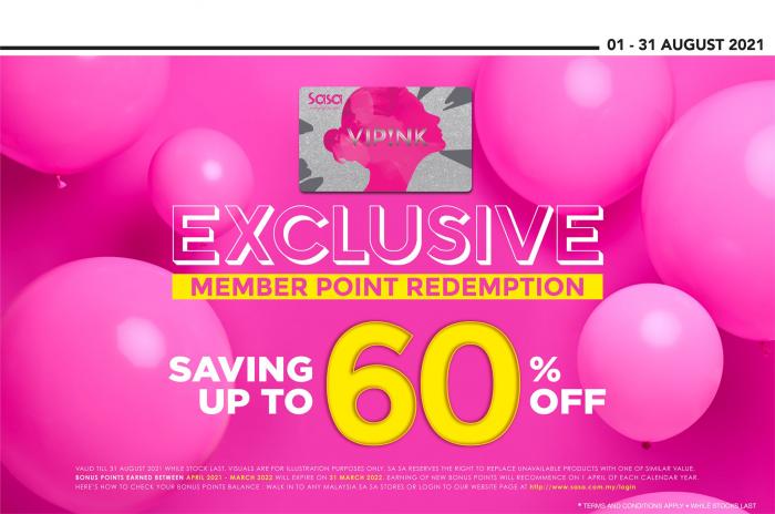 Sasa Member Point Redemption Promotion Saving Up To 60% OFF (1 Aug 2021 - 31 Aug 2021)