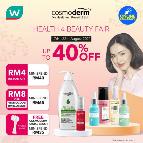 Watsons Online Cosmoderm Health & Beauty Fair Sale Up To 40% OFF & FREE Promo Code (17 Aug 2021 - 22 Aug 2021)
