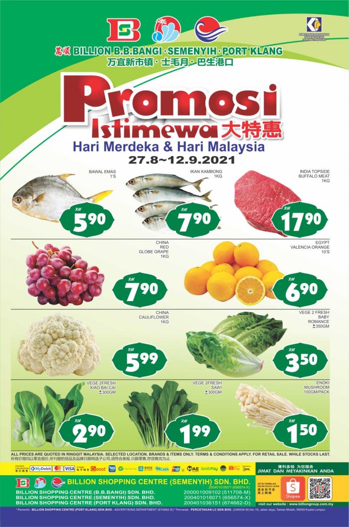 BILLION Merdeka Promotion at Bandar Baru Bangi, Semenyih and Port Klang (27 Aug 2021 - 12 Sep 2021)