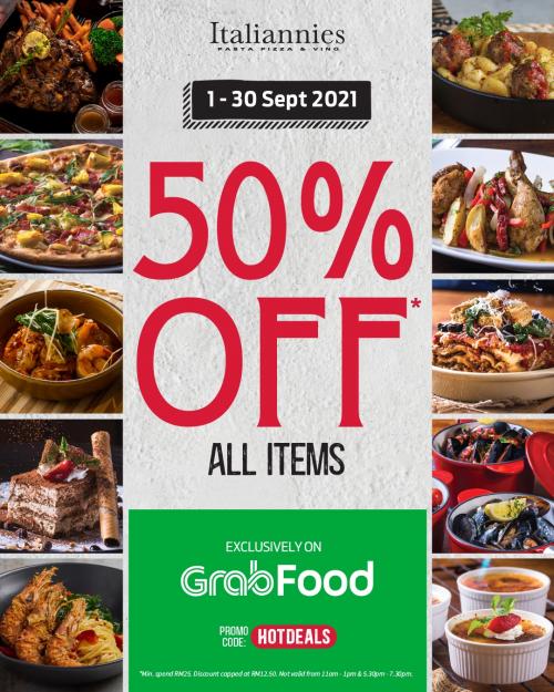 Italiannies GrabFood 50% OFF Promotion (1 Sep 2021 - 30 Sep 2021)