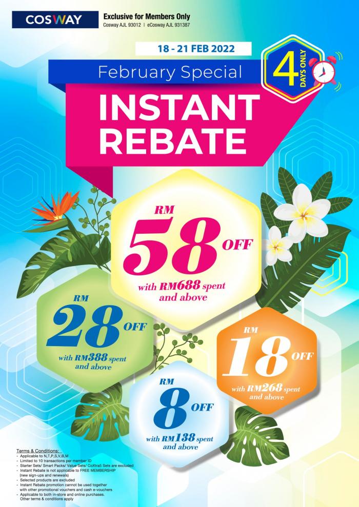 Cosway February Instant Rebate Promotion (18 Feb 2022 - 21 Feb 2022) Cosway February Instant Rebate Promotion (18 Feb 2022 - 21 Feb 2022)