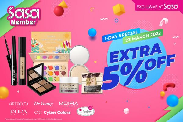 SaSa Members 1-Day Sale Extra 5% OFF (23 Mar 2022)