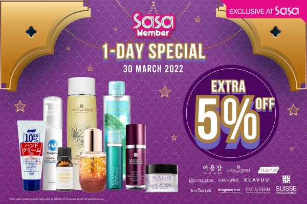 SaSa Members 1-Day Sale Extra 5% OFF (30 Mar 2022)