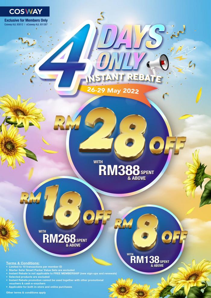 Cosway 4 Days Only Instant Rebate Promotion (26 May 2022 - 29 May 2022) Cosway 4 Days Only Instant Rebate Promotion (26 May 2022 - 29 May 2022)