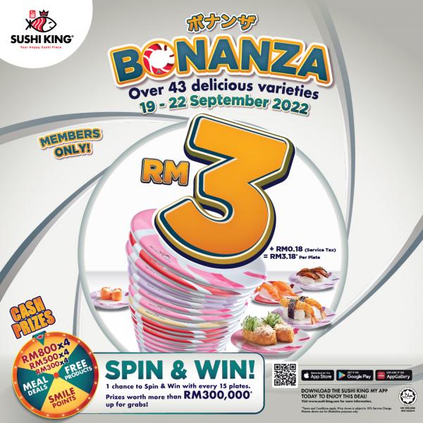 Sushi King Bonanza Promotion Sushi for RM3 (19 Sep 2022 - 22 Sep 2022)
