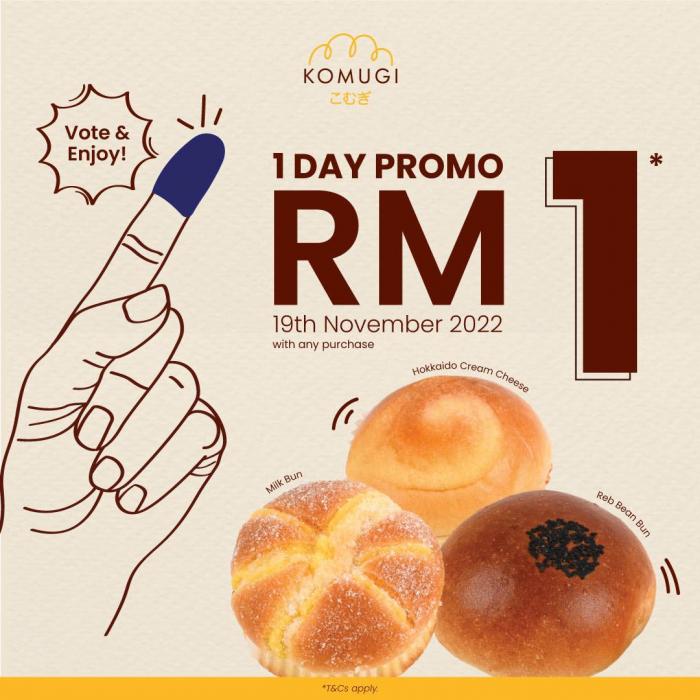 Komugi GE15 General Election Day Promotion Selected Bakeries for RM1 (19 Nov 2022)
