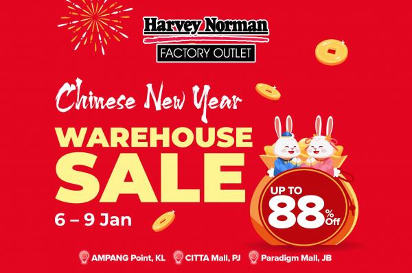 Harvey Norman Factory Outlet Chinese New Year Warehouse Sale Up To 88% OFF (6 Jan 2023 - 9 Jan 2023)