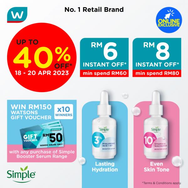 Watsons Simple Promotion Up To 40% OFF (18 Apr 2023 - 19 Apr 2023)