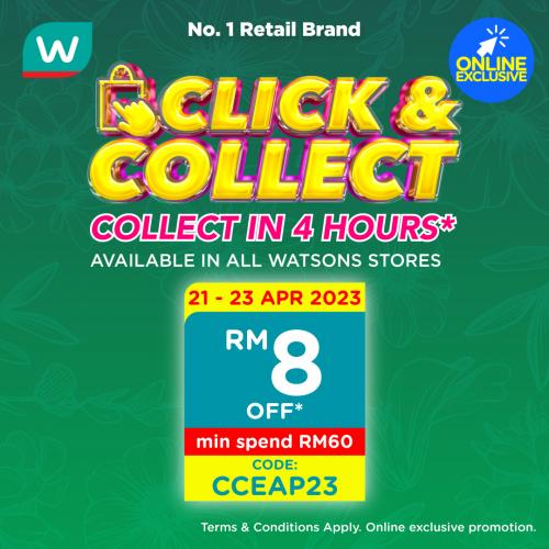 Watsons Click & Collect RM8 OFF Promotion (21 Apr 2023 - 23 Apr 2023)