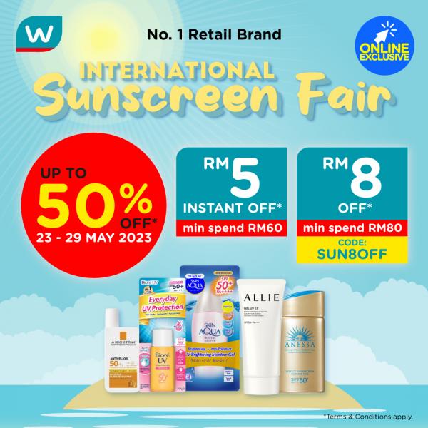 Watsons International Sunscreen Fair Sale Up To 50% OFF (23 May 2023 - 29 May 2023)