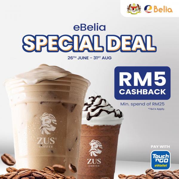ZUS Coffee pay with TNG eWallet eBelia RM5 Cashback Promotion (26 Jun 2023 - 31 Aug 2023) ZUS Coffee pay with TNG eWallet eBelia RM5 Cashback Promotion (26 Jun 2023 - 31 Aug 2023)