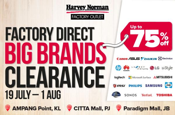 Harvey Norman Factory Outlet Big Brands Clearance Sale Up To 75% OFF (19 Jul 2023 - 1 Aug 2023)