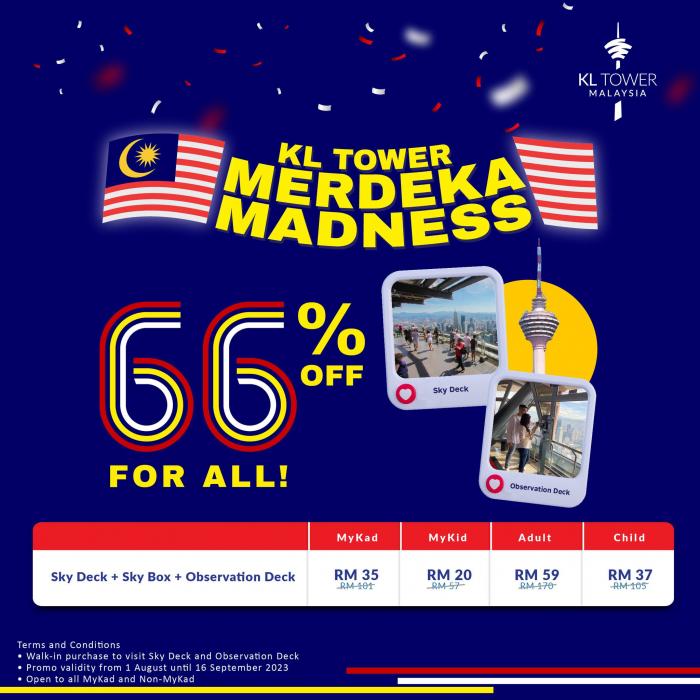 KL Tower Merdeka Madness 66% OFF Promotion (1 Aug 2023 - 16 Sep 2023)