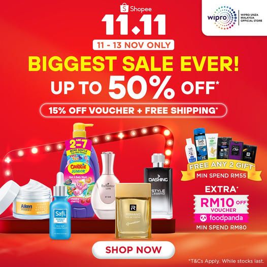 Wipro Unza Shopee 11.11 Sale: Up to 50% Off + Free Shipping + Free Gifts from Top Brands from 11 Nov 2023 until 13 Nov 2023 Wipro Unza Shopee 11.11 Sale: Up to 50% Off + Free Shipping + Free Gifts from Top Brands from 11 Nov 2023 until 13 Nov 2023