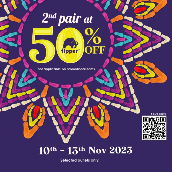 Fipper Deepavali Promotion 2023: 50% OFF on Second Pair from 10 Nov 2023 until 13 Nov 2023 Fipper Deepavali Promotion 2023: 50% OFF on Second Pair from 10 Nov 2023 until 13 Nov 2023