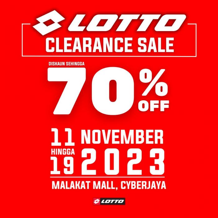 LOTTO Clearance Sale at Malakat Mall, Cyberjaya: Up to 70% Off on Shoes, Apparel, and Accessories from 11 Nov 2023 until 19 Nov 2023 LOTTO Clearance Sale at Malakat Mall, Cyberjaya: Up to 70% Off on Shoes, Apparel, and Accessories from 11 Nov 2023 until 19 Nov 2023