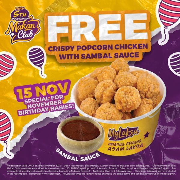 MyLaksa FREE Crispy Popcorn Chicken Promotion for November Birthday Babies on 15 Nov 2023 MyLaksa FREE Crispy Popcorn Chicken Promotion for November Birthday Babies on 15 Nov 2023