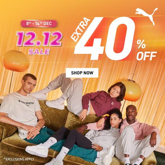 Puma 12.12 Sale Extra 40% OFF (8 Dec 2023 - 14 Dec 2023) Puma 12.12 Sale Extra 40% OFF (8 Dec 2023 - 14 Dec 2023)