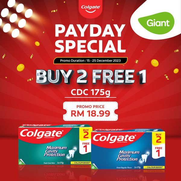 Giant Colgate Payday Promotion: Buy 2 FREE 1 (15 Dec 2023 - 25 Dec 2023) Giant Colgate Payday Promotion: Buy 2 FREE 1 (15 Dec 2023 - 25 Dec 2023)