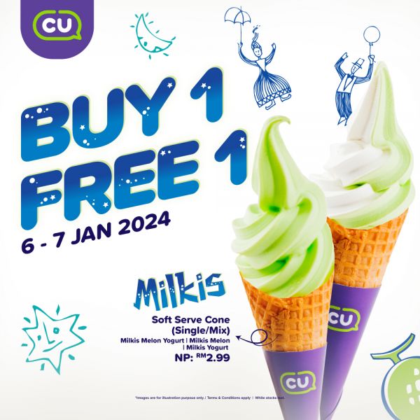 CU Buy 1 FREE 1 Milkis Soft Serve (6 Jan 2024 - 7 Jan 2024) CU Buy 1 FREE 1 Milkis Soft Serve (6 Jan 2024 - 7 Jan 2024)
