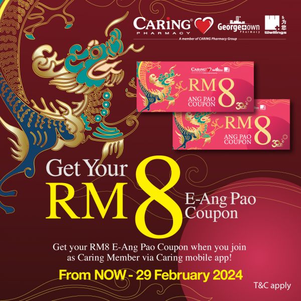 CARiNG Pharmacy New Member Promotion FREE RM8 Coupon (until 29 Feb 2024) CARiNG Pharmacy New Member Promotion FREE RM8 Coupon (until 29 Feb 2024)
