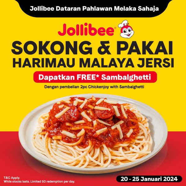 Jollibee FREE Sambalghetti at Jollibee Dataran Pahlawan Melaka (20 Jan 2024 - 25 Jan 2024) Jollibee FREE Sambalghetti at Jollibee Dataran Pahlawan Melaka (20 Jan 2024 - 25 Jan 2024)