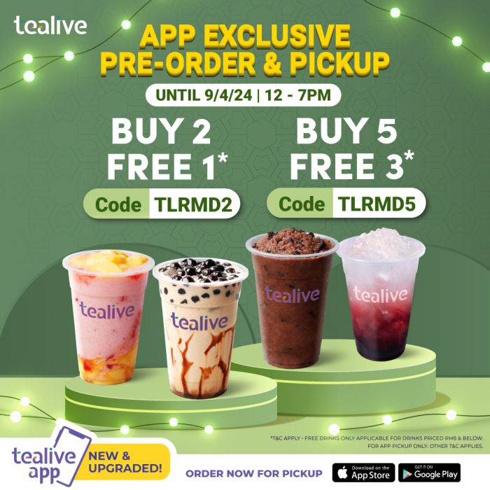 Tealive Ramadan Bundle Promo: Buy 2 FREE 1 & Buy 5 FREE 3 (until 9 Apr 2024) Tealive Ramadan Bundle Promo: Buy 2 FREE 1 & Buy 5 FREE 3 (until 9 Apr 2024)
