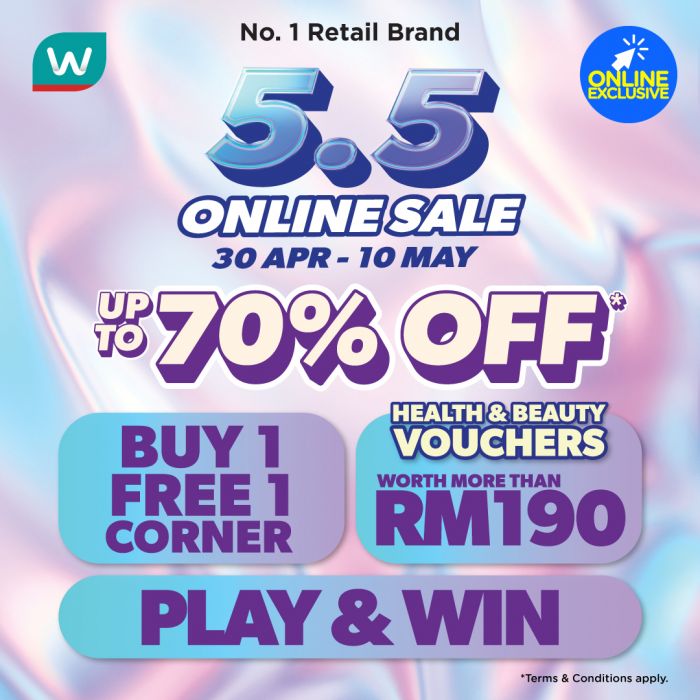 Watsons 5.5 Online Sale: Up to 70% OFF Health & Beauty - April 30 to May 10, 2024 Watsons 5.5 Online Sale: Up to 70% OFF Health & Beauty - April 30 to May 10, 2024
