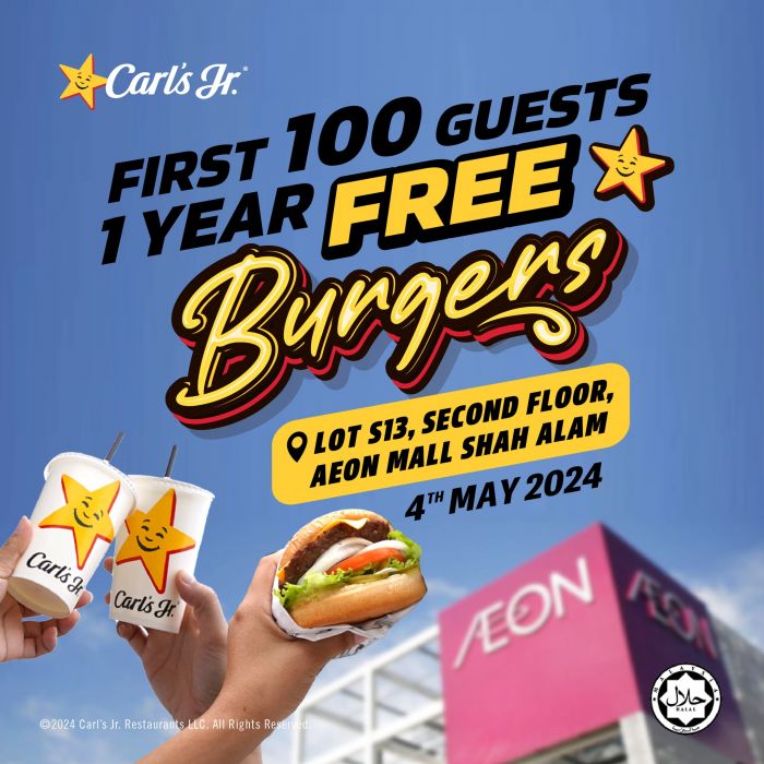 Carl's Jr. AEON Shah Alam Grand Opening: Free Burgers for the First 100 Guests on May 4th! Carl's Jr. AEON Shah Alam Grand Opening: Free Burgers for the First 100 Guests on May 4th!