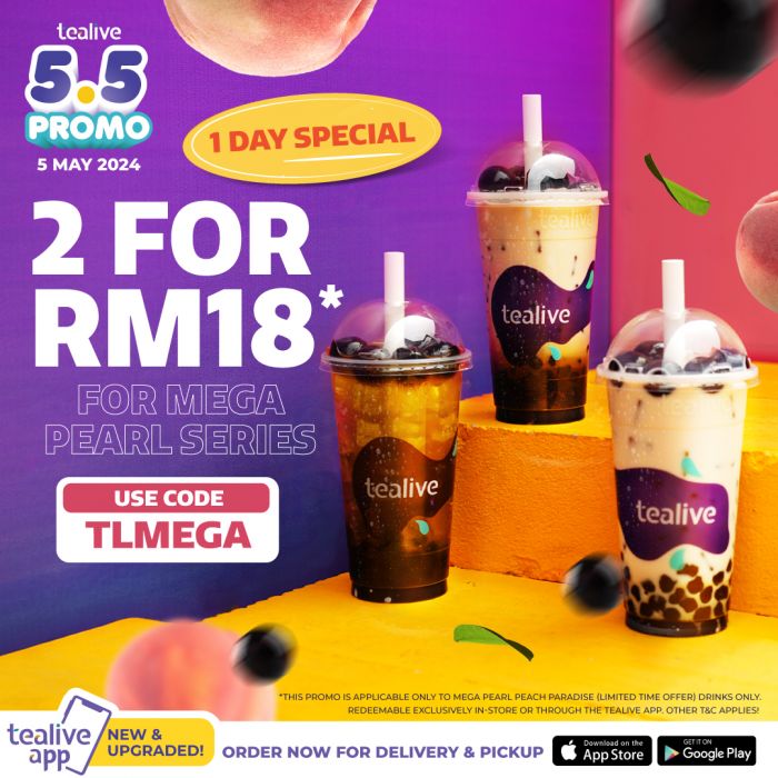 Tealive 5.5 Promo: Two Mega Pearl Series Drinks for RM18 (May 5, 2024) Tealive 5.5 Promo: Two Mega Pearl Series Drinks for RM18 (May 5, 2024)