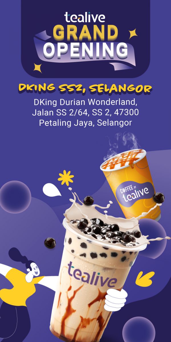 Celebrate Tealive DKing SS2 Grand Opening: Buy 1 Free 1 Drinks from 20-24 May 2024! Celebrate Tealive DKing SS2 Grand Opening: Buy 1 Free 1 Drinks from 20-24 May 2024!