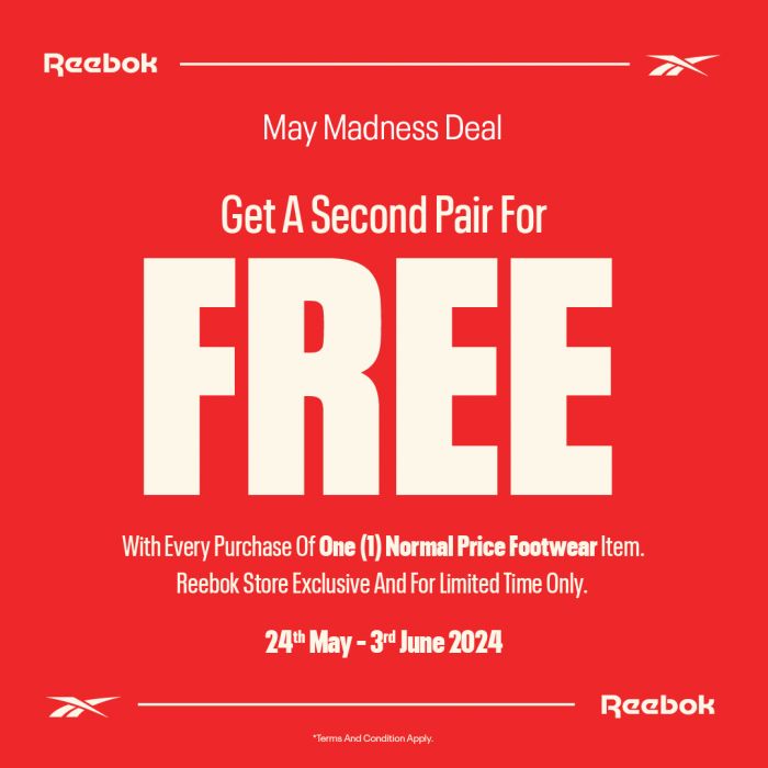 Reebok May Madness Deal from 24 May - 3 June 2024: Get a Second Pair for FREE at Pavilion KL! Reebok May Madness Deal from 24 May - 3 June 2024: Get a Second Pair for FREE at Pavilion KL!