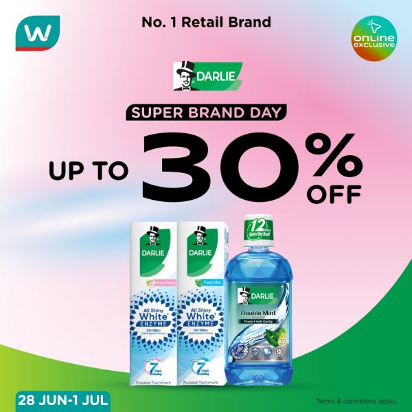 Watsons Online Promotion: Darlie Super Brand Day Sale Up To 30% OFF from 28 June - 1 July 2024 Watsons Online Promotion: Darlie Super Brand Day Sale Up To 30% OFF from 28 June - 1 July 2024