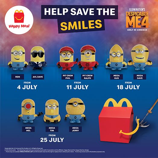 McDonald's Happy Meal: Collect All 9 Despicable Me 4 Minions & Unlock Digital Fun (4-31 July 2024) McDonald's Happy Meal: Collect All 9 Despicable Me 4 Minions & Unlock Digital Fun (4-31 July 2024)