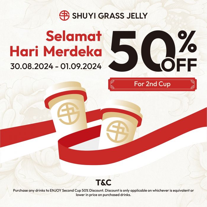 SHUYI Merdeka Promotion: Buy 1 Get 50% Off 2nd Cup (30 August - 1 September 2024) SHUYI Merdeka Promotion: Buy 1 Get 50% Off 2nd Cup (30 August - 1 September 2024)