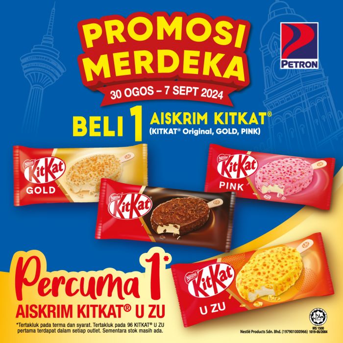Petron Merdeka Promotion 2024: Buy 1 Get 1 Free KitKat Ice Cream from 30 August to 7 September 2024! Petron Merdeka Promotion 2024: Buy 1 Get 1 Free KitKat Ice Cream from 30 August to 7 September 2024!