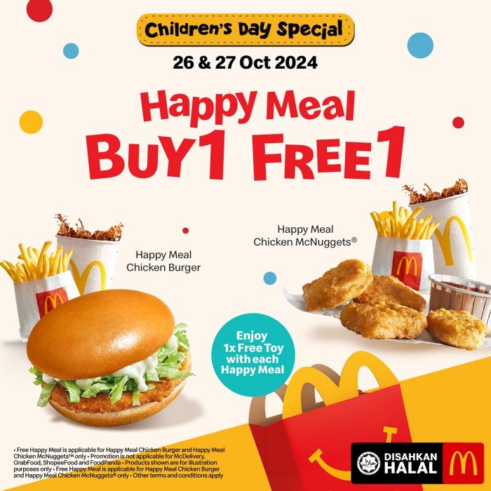 McDonald’s Children’s Day Promotion 2024: Buy 1 Free 1 Happy Meal (26-27 October 2024) McDonald’s Children’s Day Promotion 2024: Buy 1 Free 1 Happy Meal (26-27 October 2024)