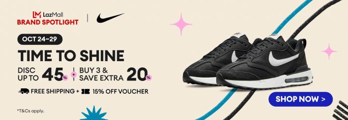 Lazada Voucher: 15% OFF Voucher for Nike (24-29 Oct 2024) Lazada Voucher: 15% OFF Voucher for Nike (24-29 Oct 2024)