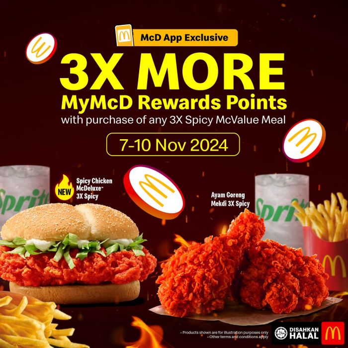 McDonald's 3X MORE Points Promotion: Triple MyMcD Rewards on 3X Spicy McValue Meals (7-10 Nov 2024) McDonald's 3X MORE Points Promotion: Triple MyMcD Rewards on 3X Spicy McValue Meals (7-10 Nov 2024)