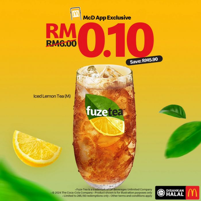 McDonald’s RM0.10 Fuze Tea Promotion – McD App Exclusive Until 31 Dec 2024 McDonald’s RM0.10 Fuze Tea Promotion – McD App Exclusive Until 31 Dec 2024