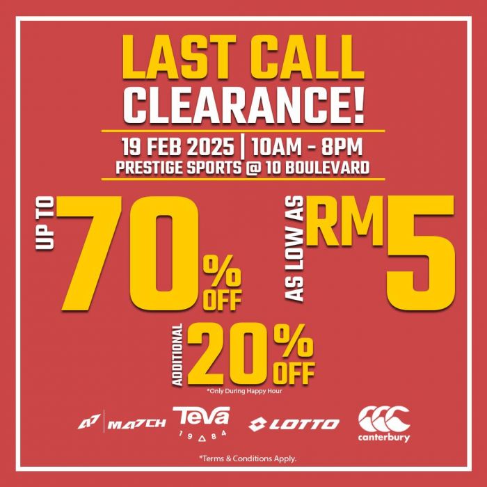Prestige Sports Clearance Sale – Up to 70% OFF! Deals from RM5 on 19 Feb 2025! Prestige Sports Clearance Sale – Up to 70% OFF! Deals from RM5 on 19 Feb 2025!