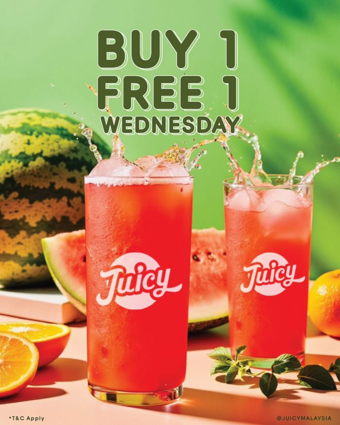 JUICY Buy 1 Free 1 Wednesday Promotion – Double the Refreshment This 16 April 2025 JUICY Buy 1 Free 1 Wednesday Promotion – Double the Refreshment This 16 April 2025