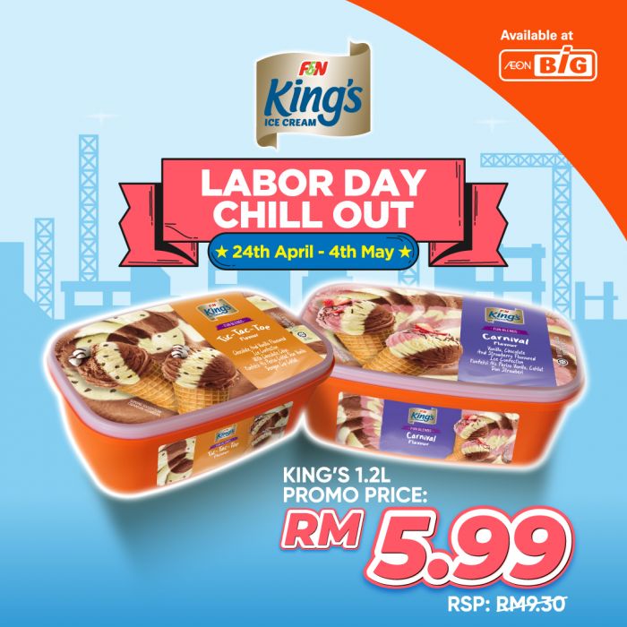 AEON BiG Labour Day Promotion: King's 1.2L Ice Cream Only RM5.99 (24 Apr - 4 May 2025) AEON BiG Labour Day Promotion: King's 1.2L Ice Cream Only RM5.99 (24 Apr - 4 May 2025)