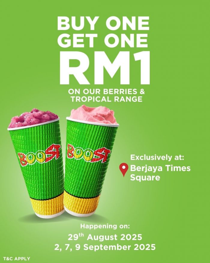 Boost Juice Berjaya Times Square ReOpening Promo – Buy 1 Get 1 RM1 (29 Aug, 2, 7, 9 Sep 2025) Boost Juice Berjaya Times Square ReOpening Promo – Buy 1 Get 1 RM1 (29 Aug, 2, 7, 9 Sep 2025)
