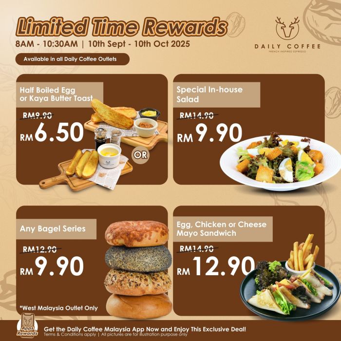 Daily Coffee Breakfast Promotion: Kaya Toast, Bagel & Sandwich Deals | 10 Sep – 10 Oct 2025 Daily Coffee Breakfast Promotion: Kaya Toast, Bagel & Sandwich Deals | 10 Sep – 10 Oct 2025