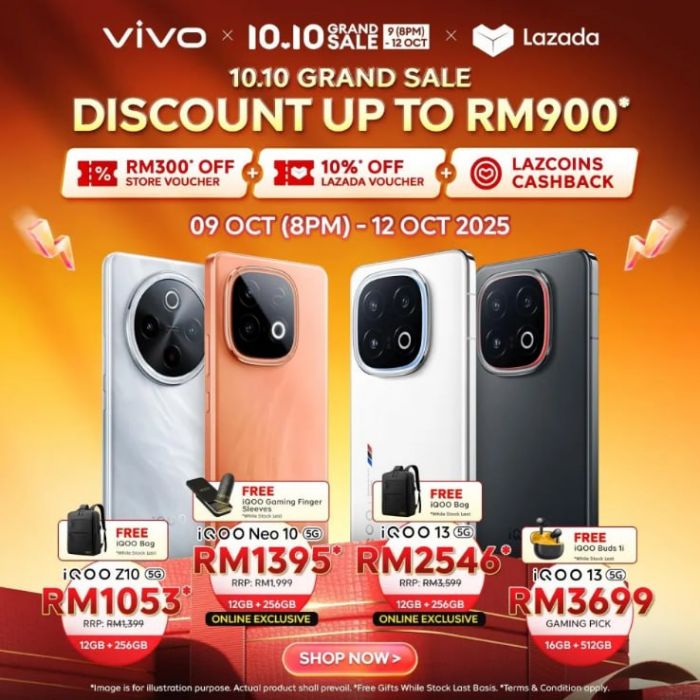 Vivo Lazada 10.10 Sale: Discount Up to RM900 on iQOO Smartphones | 9-12 October 2025 Vivo Lazada 10.10 Sale: Discount Up to RM900 on iQOO Smartphones | 9-12 October 2025