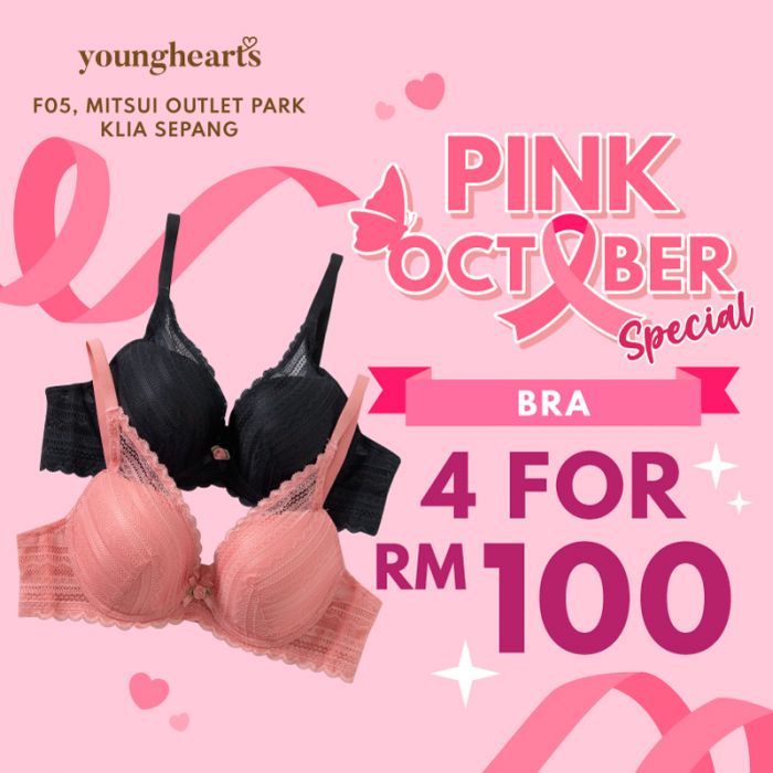 Young Hearts Pink October Sale at Mitsui Outlet Park KLIA: Bras 4 For RM100 | Oct 2025 Young Hearts Pink October Sale at Mitsui Outlet Park KLIA: Bras 4 For RM100 | Oct 2025