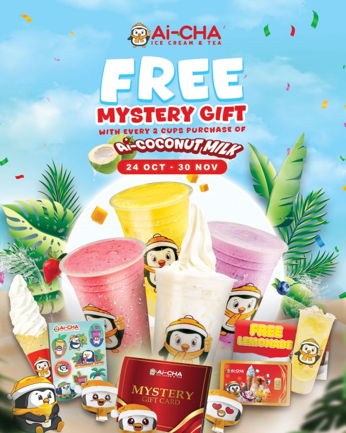 Ai-CHA Promotion: Free Mystery Gift with Coconut Milk Drinks | 24 Oct – 30 Nov 2025 Ai-CHA Promotion: Free Mystery Gift with Coconut Milk Drinks | 24 Oct – 30 Nov 2025
