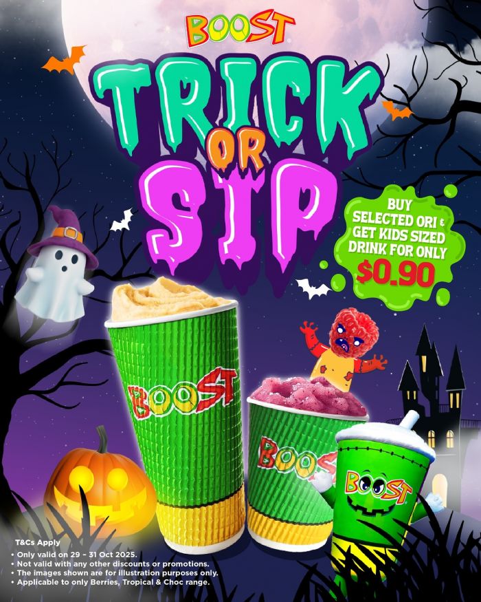 Boost Juice Halloween Promotion: Kids Sized Drink RM0.90 with Selected Orders | 29-31 Oct 2025 Boost Juice Halloween Promotion: Kids Sized Drink RM0.90 with Selected Orders | 29-31 Oct 2025