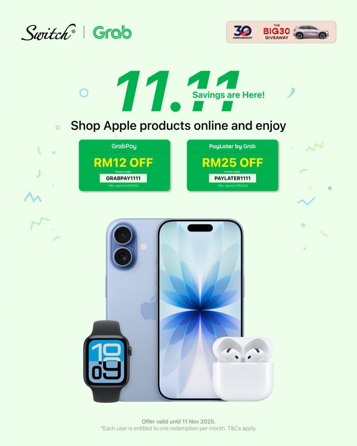 Switch 11.11 Sale with Grab: RM12 & RM25 OFF Apple Products | Until 11 Nov 2025 Switch 11.11 Sale with Grab: RM12 & RM25 OFF Apple Products | Until 11 Nov 2025